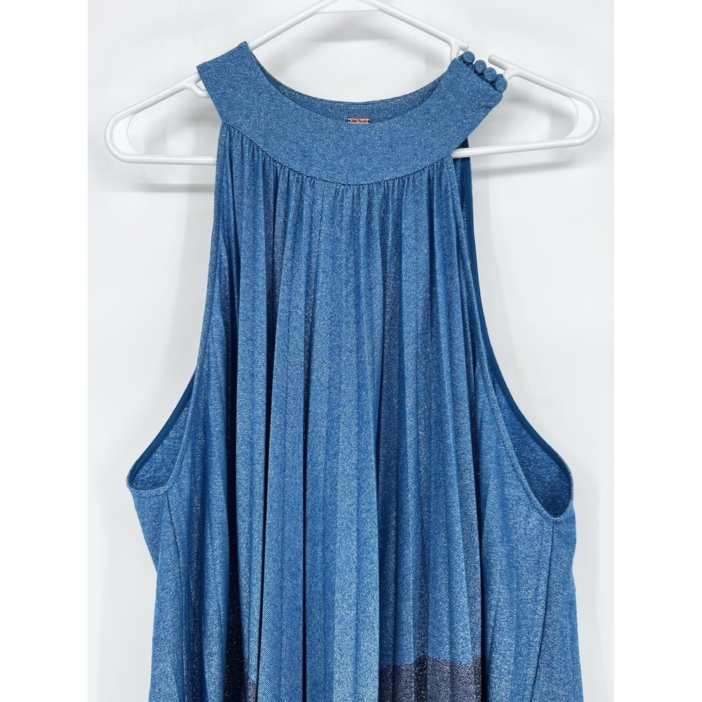 Free People Women's Pleated Love Metallic Mini Dress, Blue, XS Babydoll Style - Picture 6 of 14